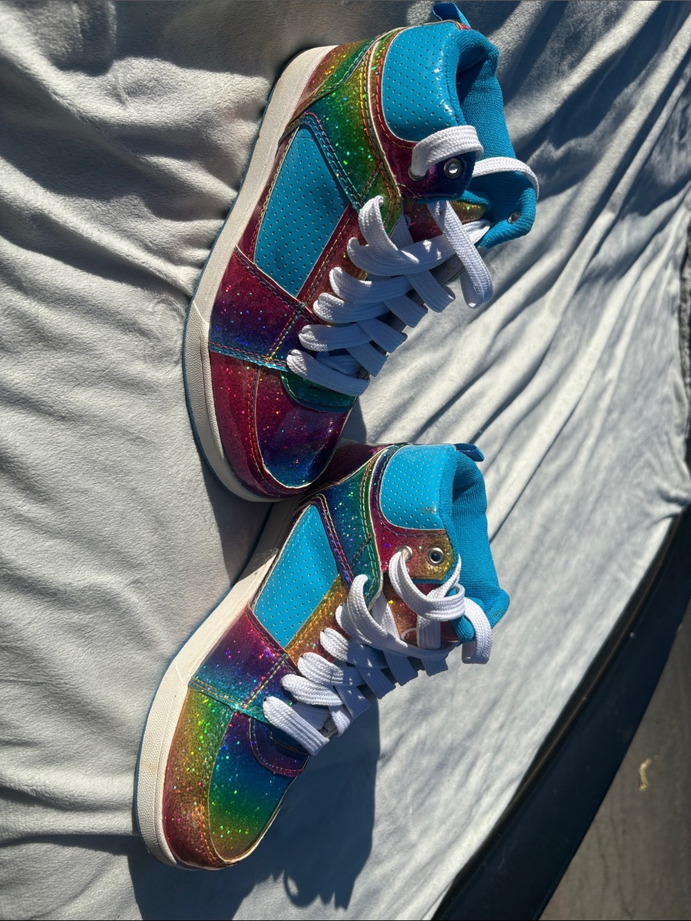 OP High-Top Sneakers in Turquoise with Rainbow Glitter Panels size 6